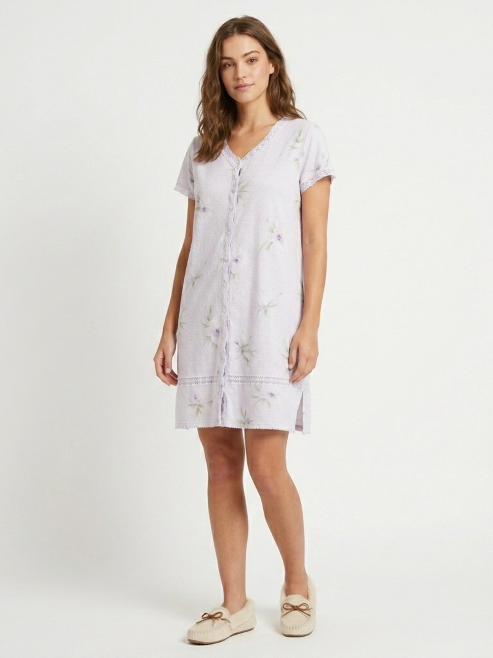 Aria Nightgown Button Front Lace Trim Floral Cotton Light Purple Large